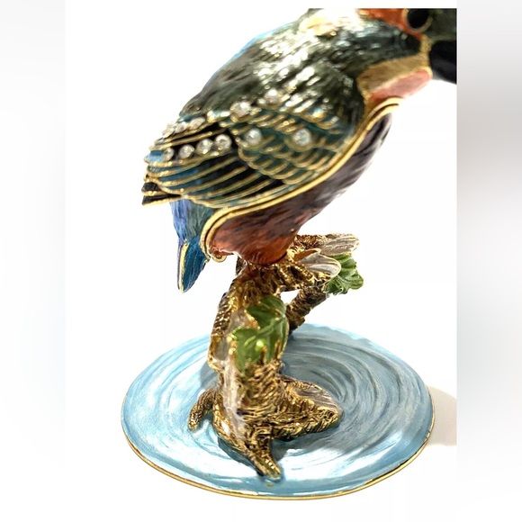 Kingfisher Bird Bejeweled Enameled Hummingbird Trinket Box Hinged Magnetic - Picture 9 of 13